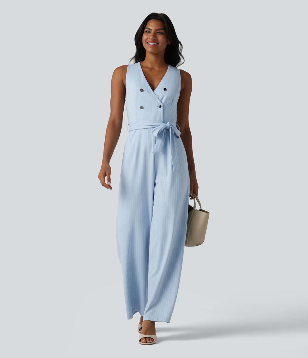 Combinaison tailleur sans manches à col V, ceinturée, avec zip invisible, rayures et effet frais avec poches, accès facile Easy Peasy