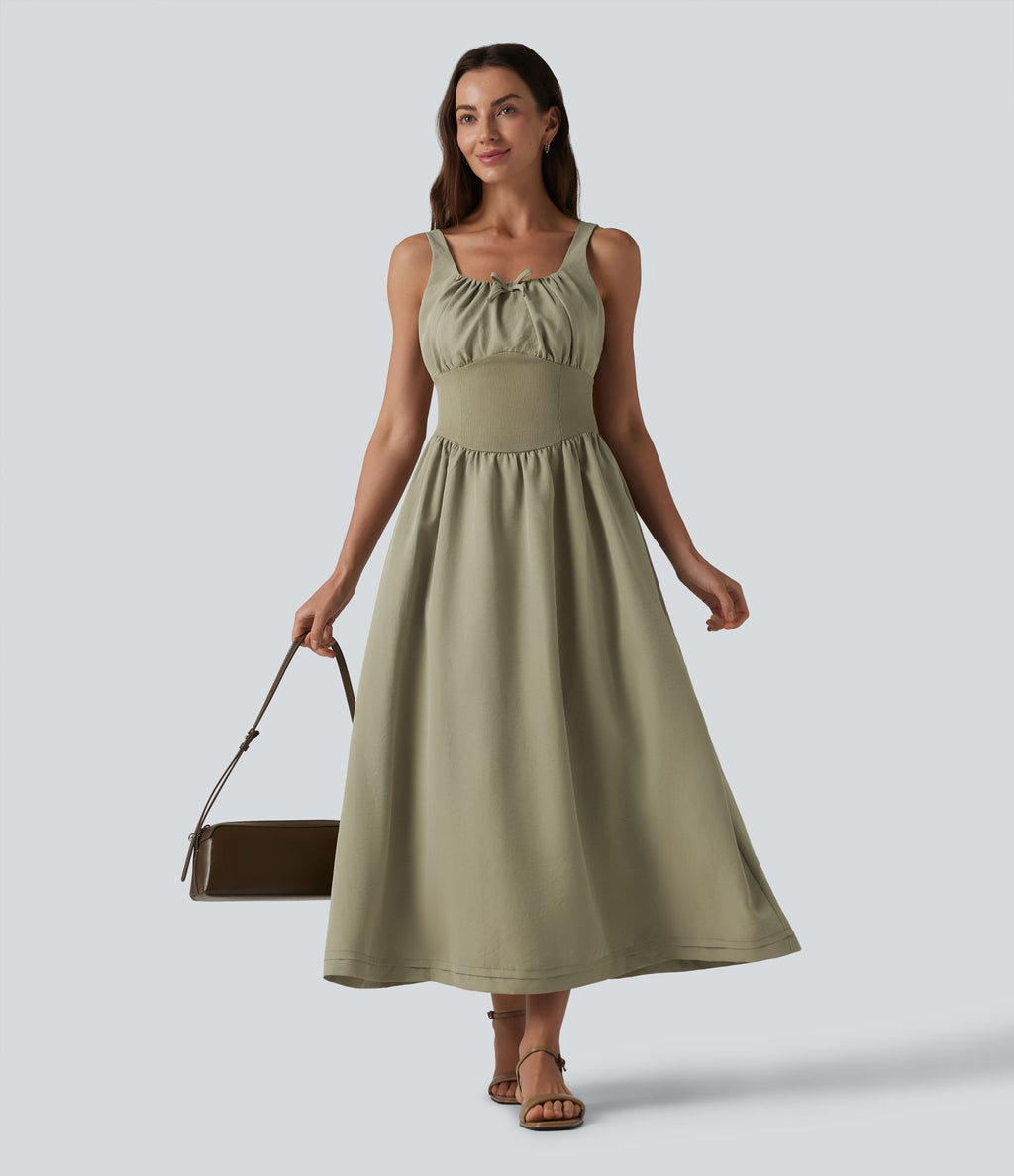 Robe midi décontractée à corset lacé et col carré avec poches