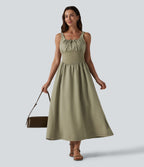 Robe midi décontractée à corset lacé et col carré avec poches