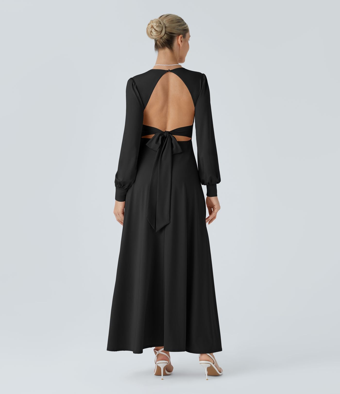 Robe longue de demoiselle d'honneur et invitée de mariage, col V, dos nu, liens à nouer, boutons et manches évasées