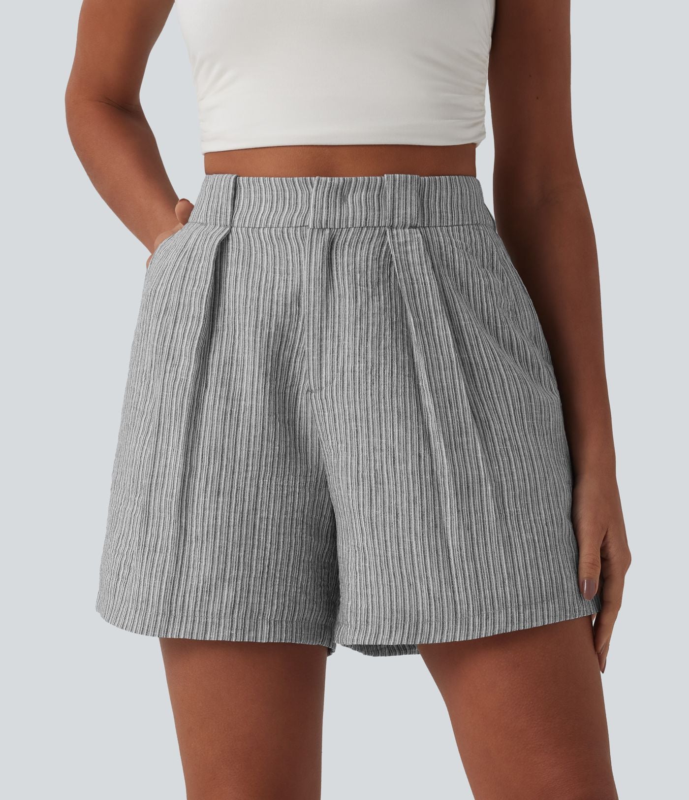 Short casual large aspect lin taille haute avec poches