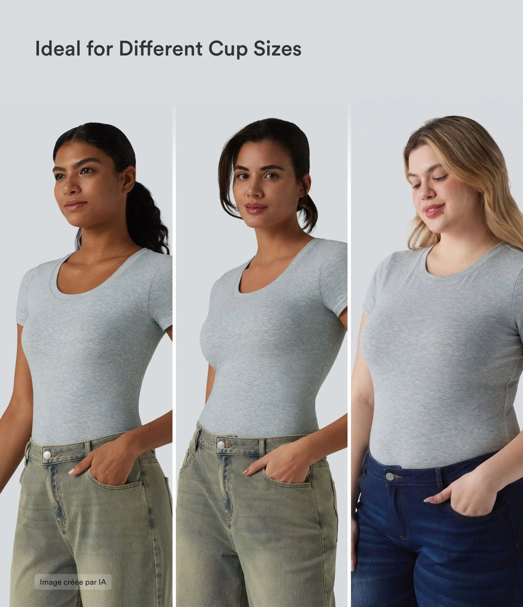 Halara T-shirt en jersey de coton col rond échancré manches courtes avec soutien-gorge intégré bonnets B-DD