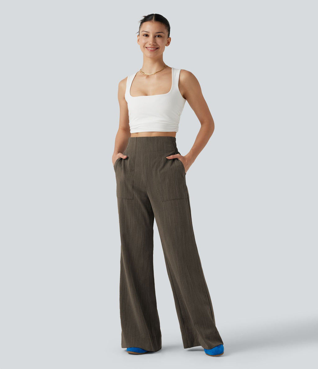 Pantalon flare taille haute effet lin avec poches