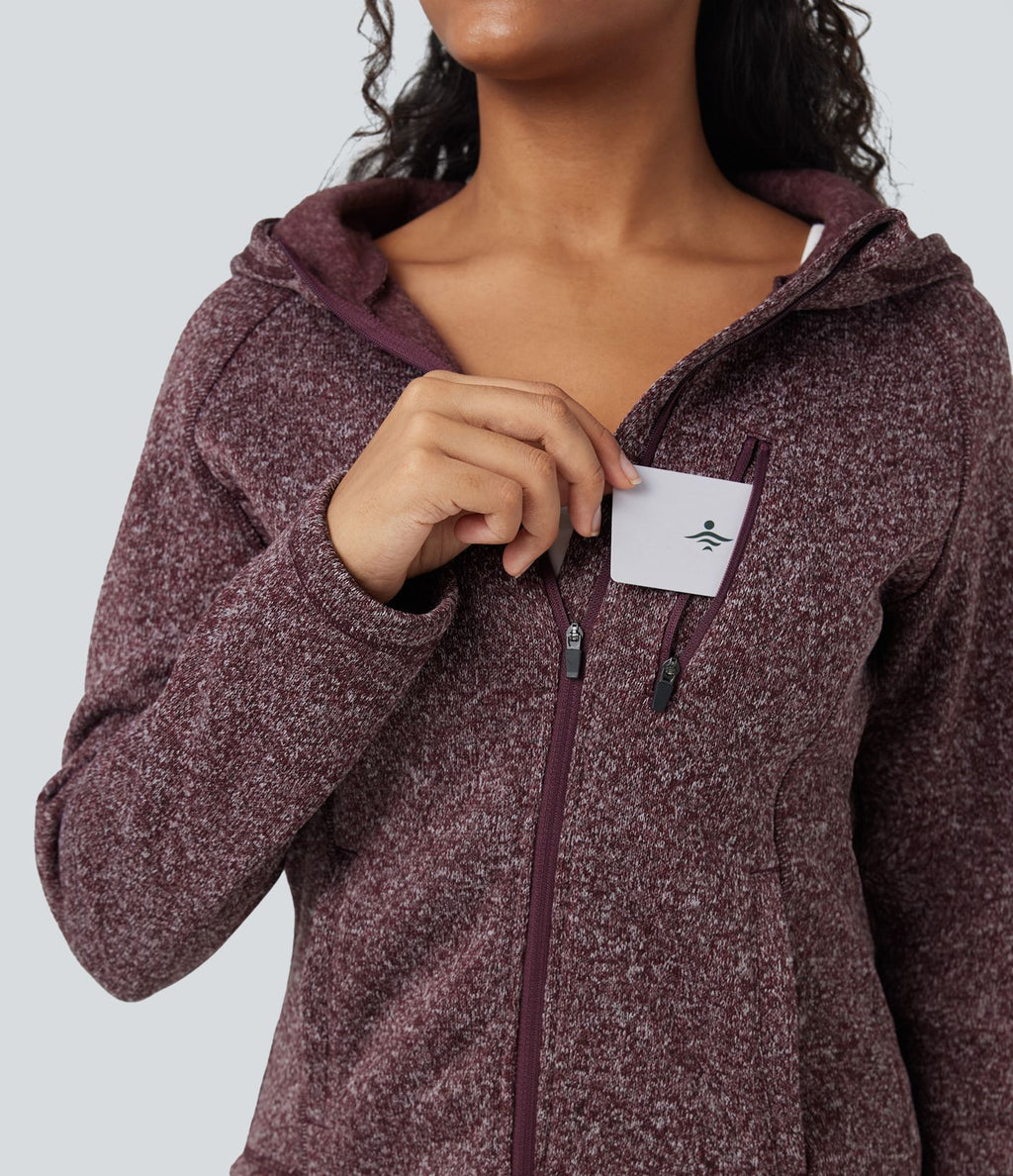 Veste de randonnée tricotée en molleton à capuche manches longues avec poches