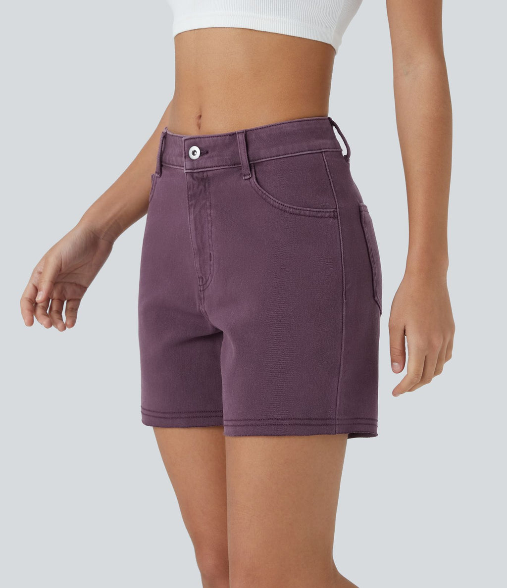 Halara Flex™ Short Casual 12,5cm en Denim Tricoté Extensible Coloré avec Bouton et Fermeture Éclair à Taille Moyenne et Plusieurs Poches