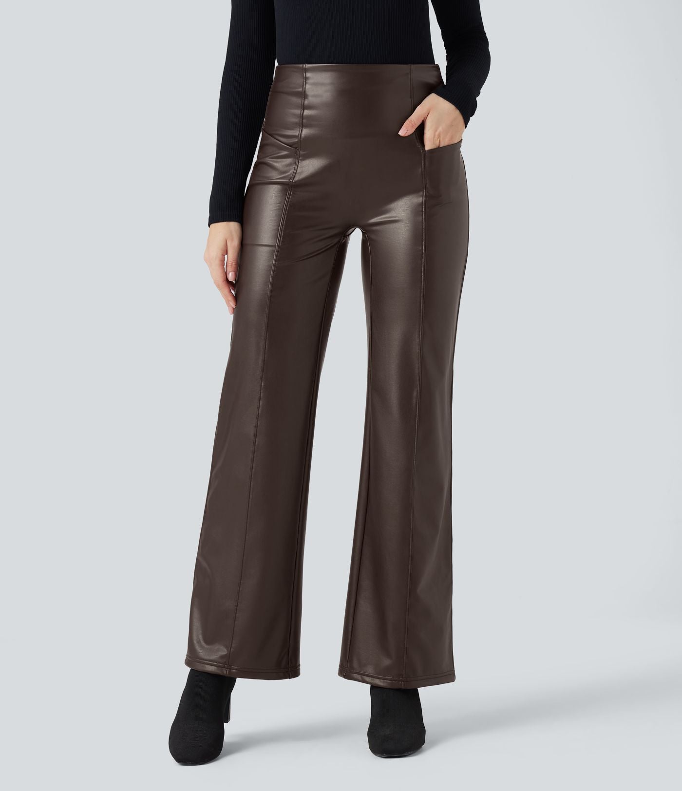 Pantalon similicuir évasé gainant taille haute stretch avec poches