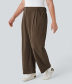 Pantalon Casual Grande Taille Velours Côtelé Taille Mi-haute Boutonnés Fermeture Éclair Poches Latérales