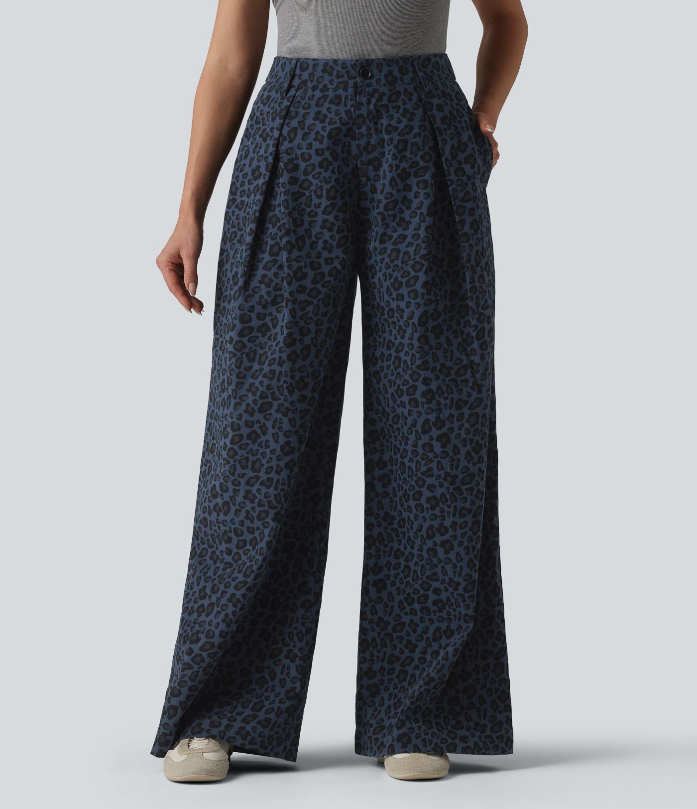 Pantalon large décontracté imprimé léopard taille mi-haute avec poches