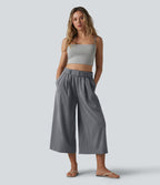 Pantalon large court casual taille haute avec ceinture aspect lin et poches