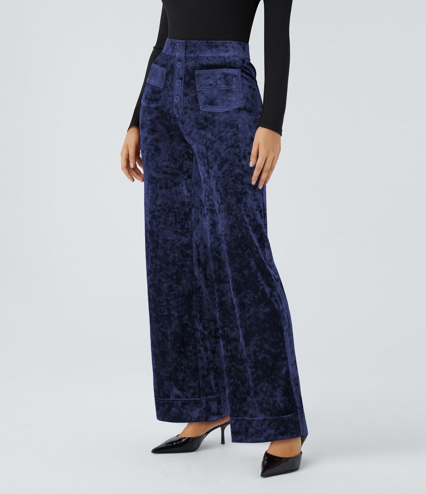 Pantalon Casual en Velours Taille Haute avec Bouton Multipoches Droites
