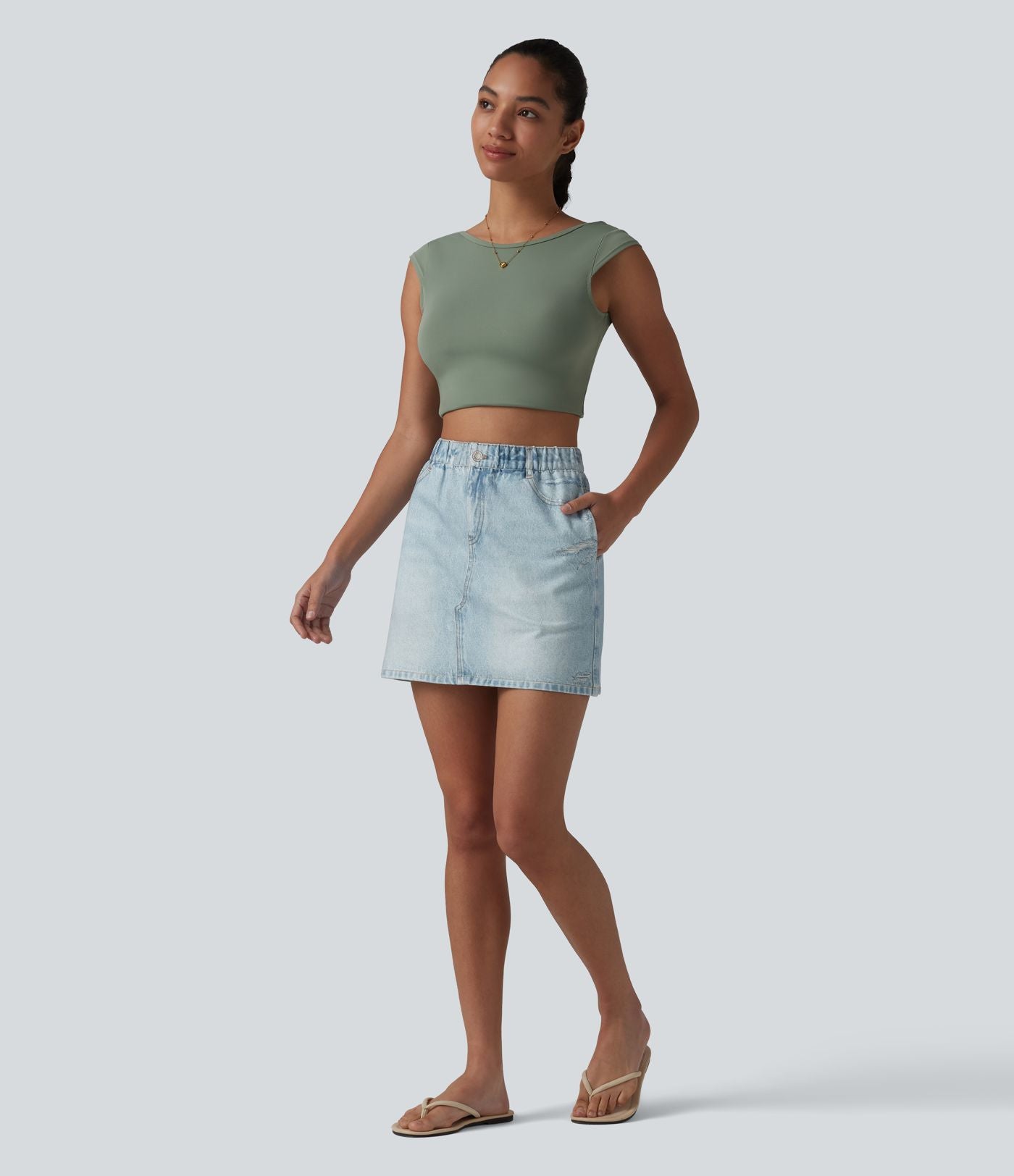 Jupe décontractée taille haute en denim imprimé, molleton français, avec poches
