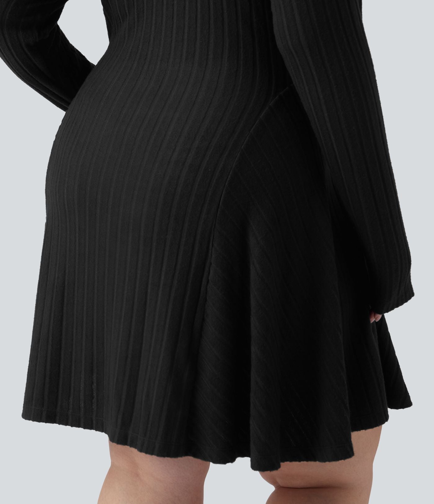 Robe mini évasée grande taille col V en maille côtelée à manches longues
