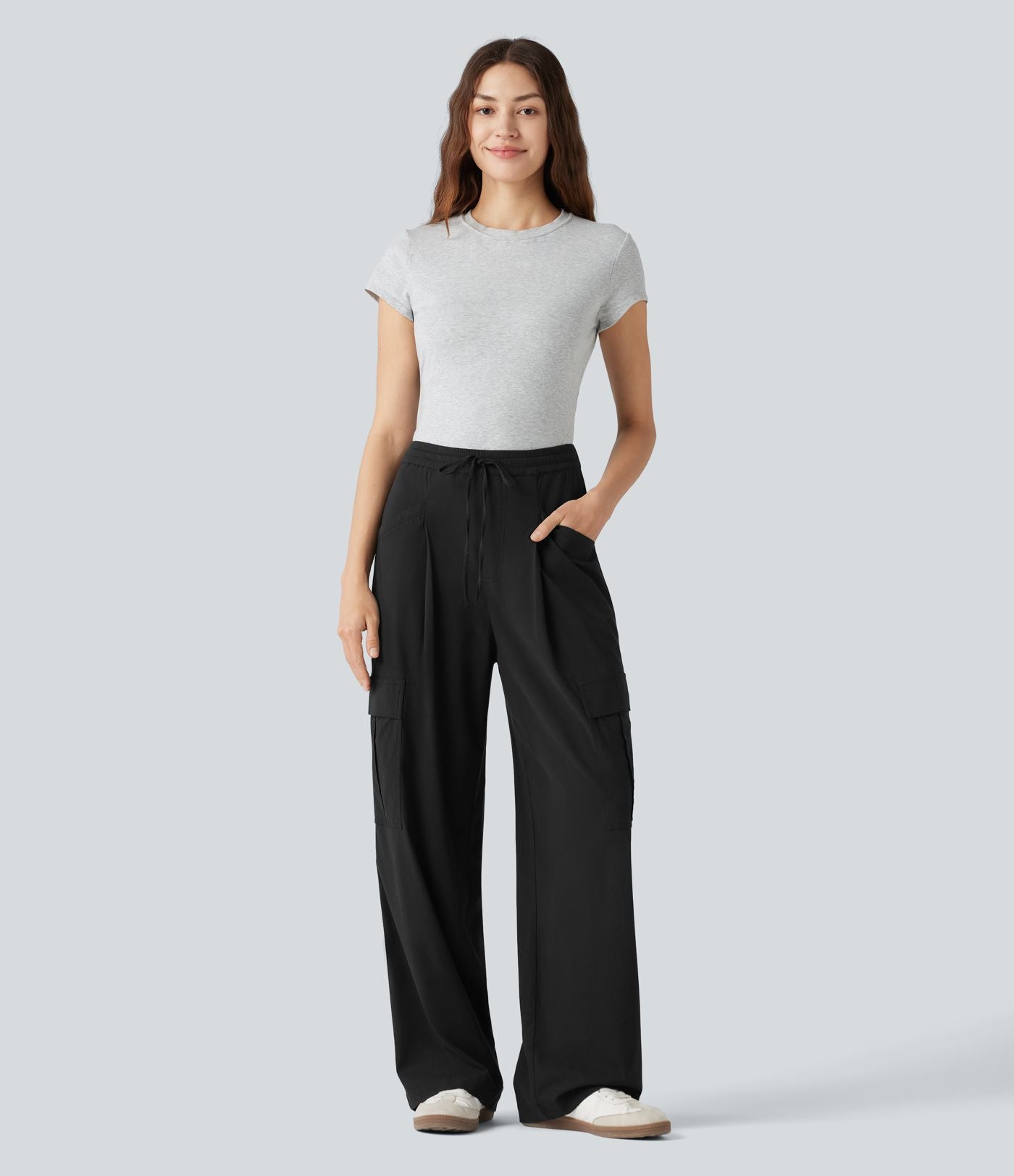 Pantalon cargo décontracté en lin extensible coupe droite taille mi-haute avec cordon de serrage et poches