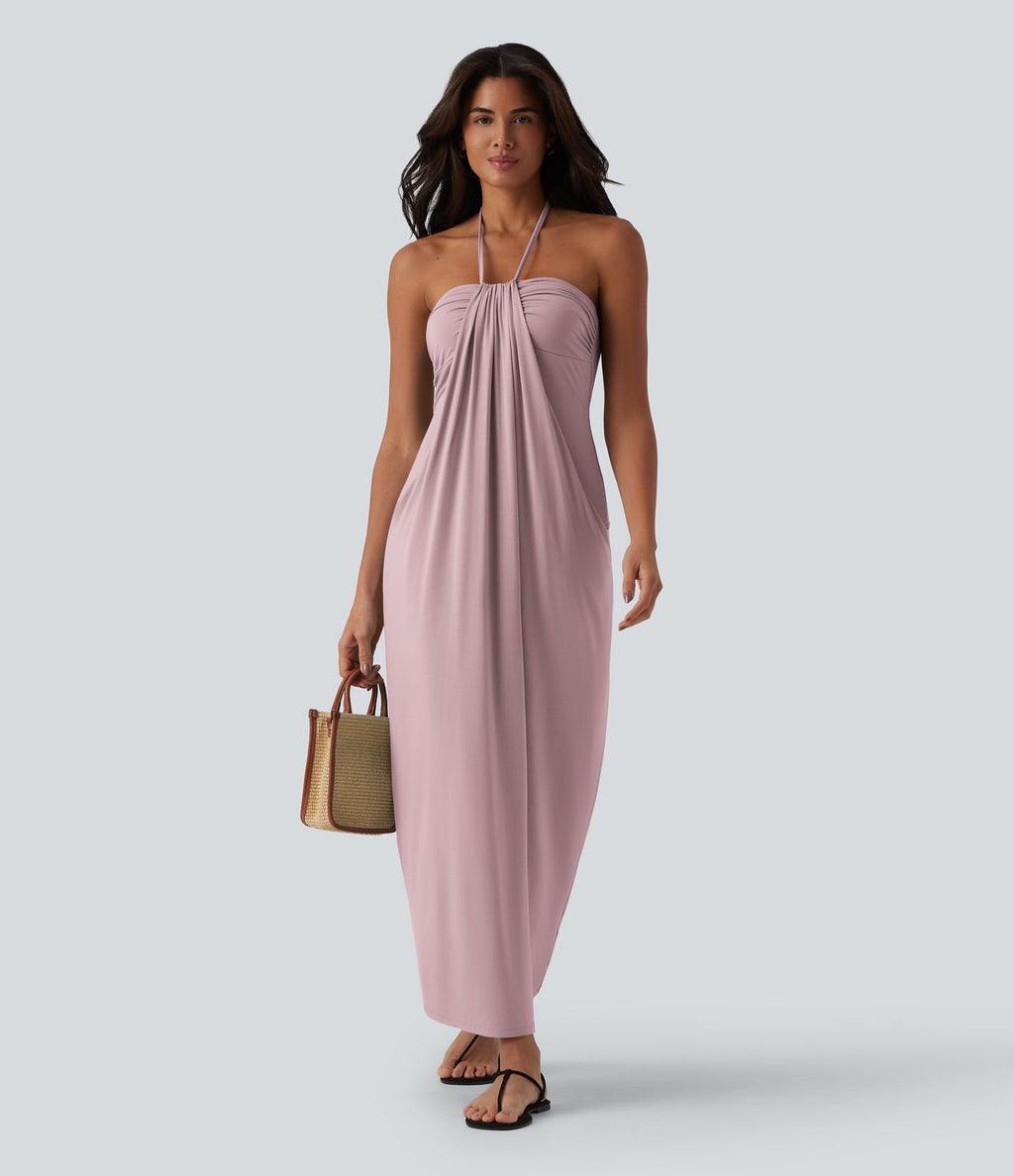 Robe longue dos nu col licou avec nœud et poches