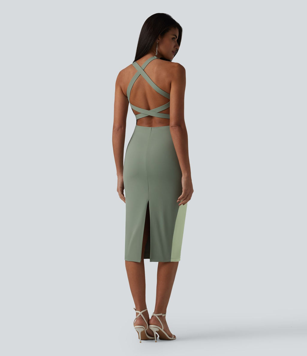 Robe midi moulante SoftlyZero™ Airy effet frais InstantCool color block avec brassière intégrée, effet gainant, short gainant intégré et bretelles croisées, accès facile Easy Peasy, protection solaire UPF50+