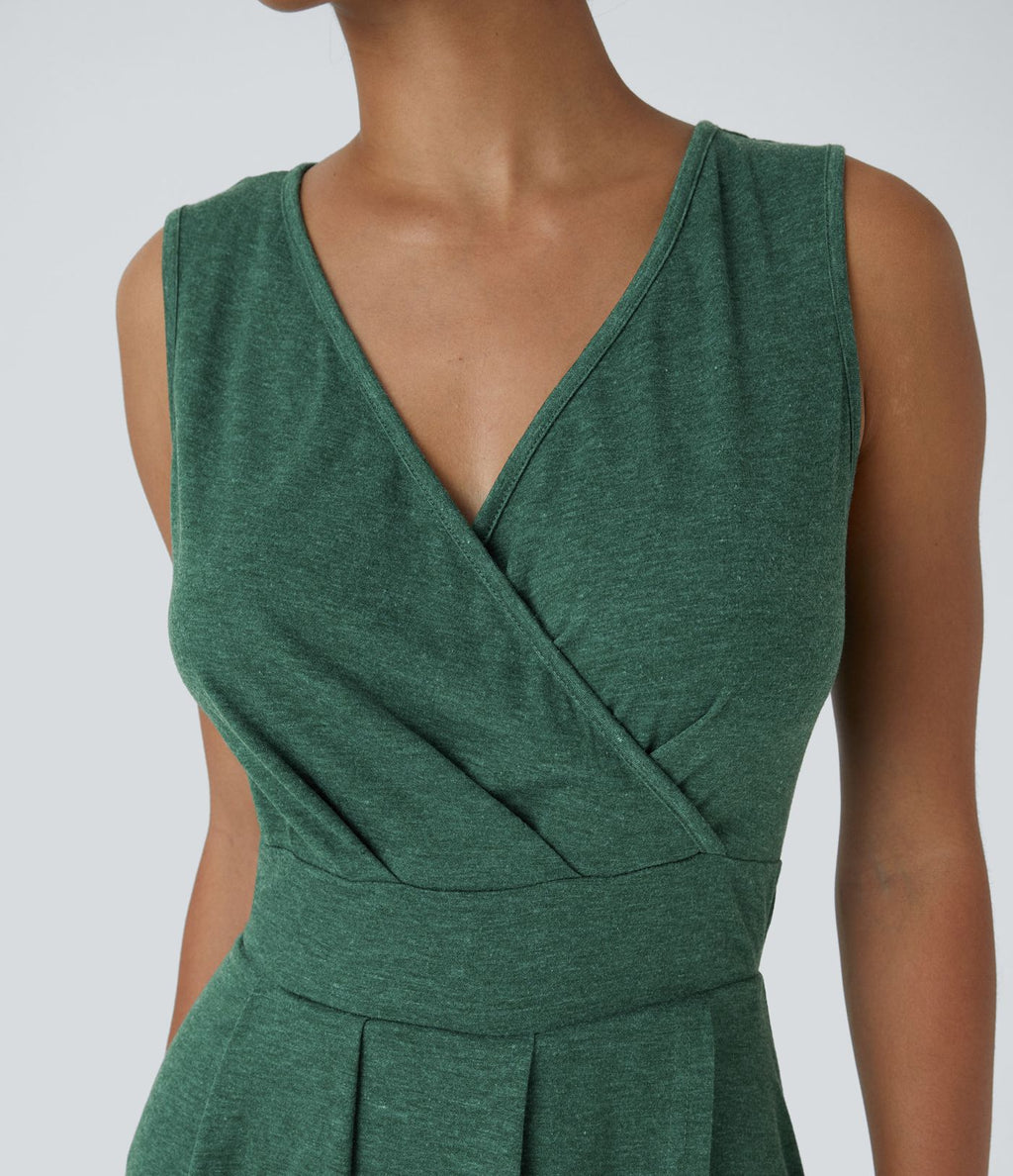 Robe Mi-Longue Plissée Décolleté Plongeant Sans Manches Haut Bas Ourlet Croisé