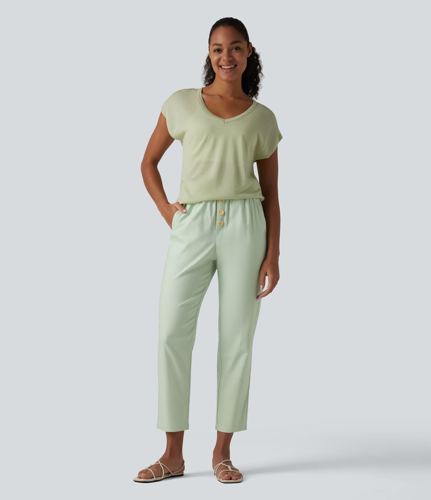 Pantalon casual en coton et lin coupe fuselée taille haute avec poches