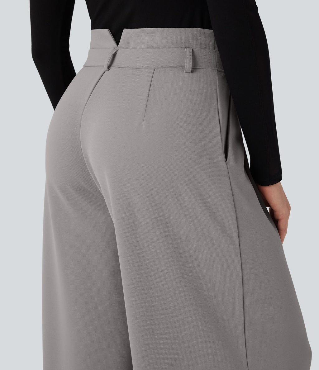 Pantalon de travail en crêpe à taille haute et jambes larges avec double ceinture et poches Halara Flex™