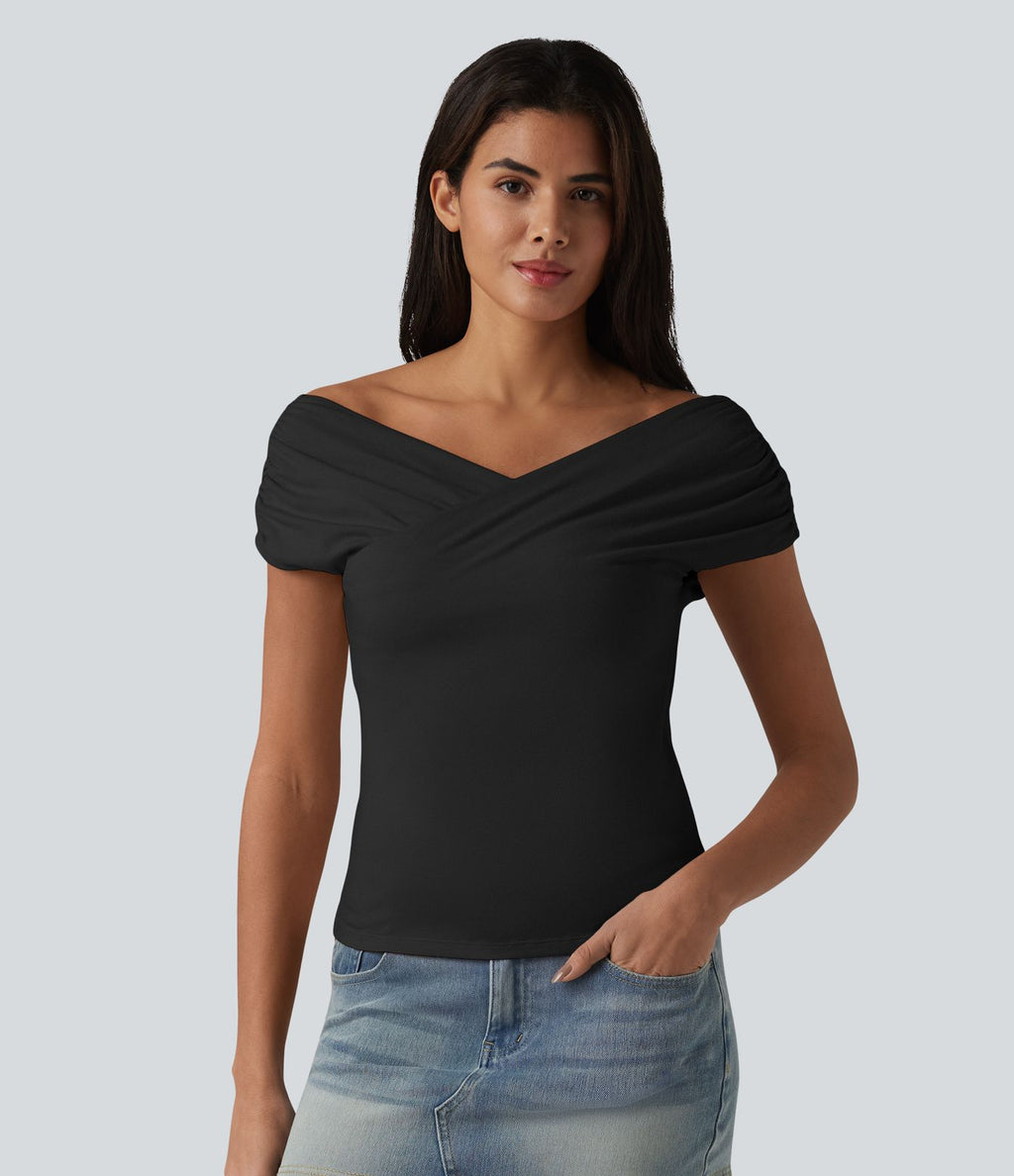 T-shirt casual en maille côtelée à manches courtes avec soutien-gorge intégré