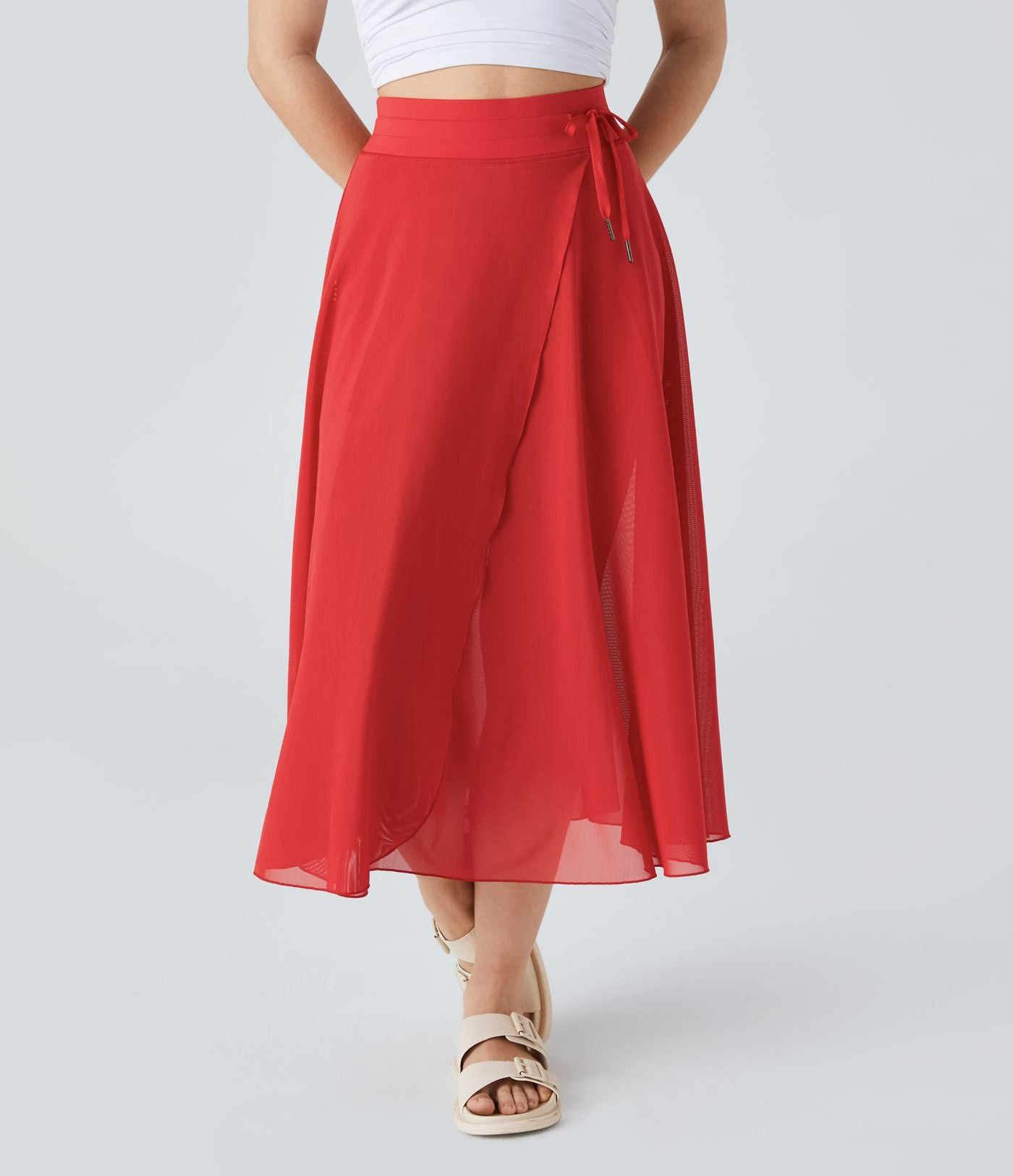 Jupe Casual Évasée Mesh Mi-Longue Fuide 2 en 1 Contrastée Taille Haute Cordon Poche Latérale