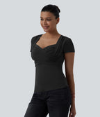 Top casual décolleté cœur manches courtes croisé avec fronces