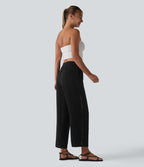 Pantalon droit taille mi-haute aspect lin avec cordon de serrage et poches
