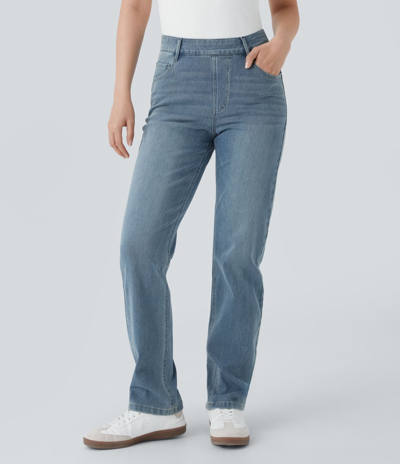 Jean droit Halara Flex™ à taille haute, poches multiples, effet délavé et tissu extensible