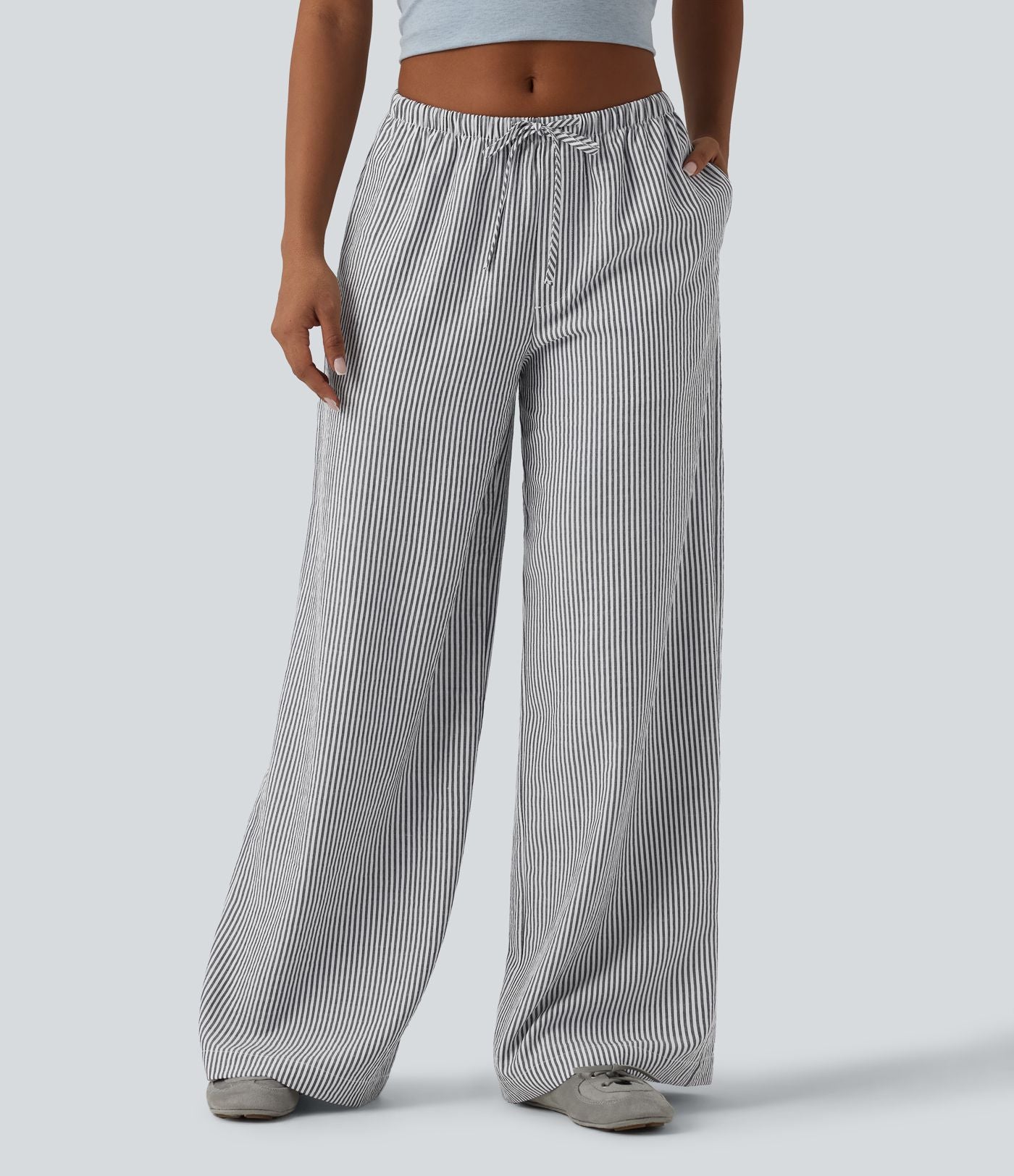 Pantalon large casual taille basse aspect lin rayures avec cordon de serrage et poches