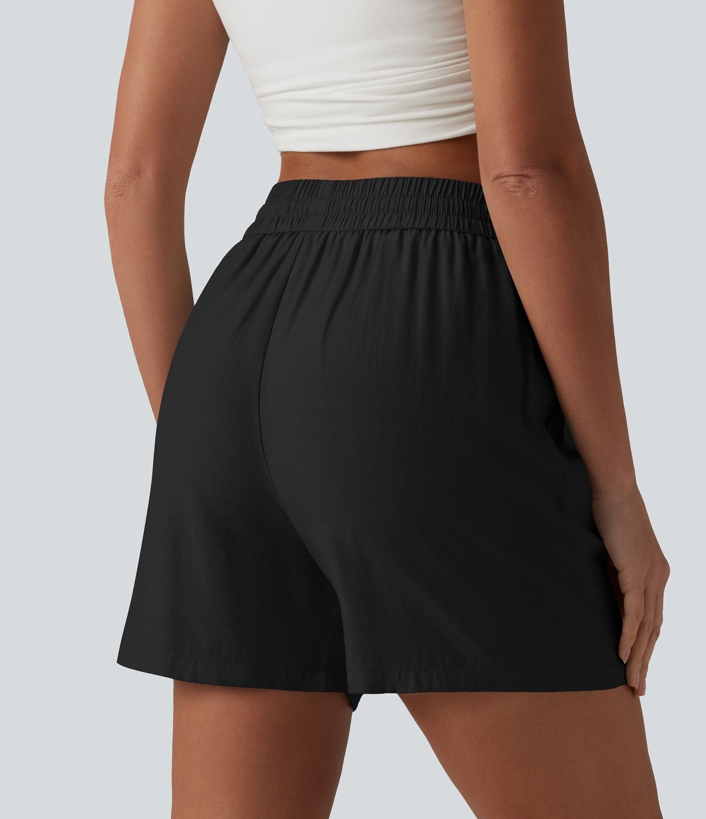 Short décontracté ample en lin mélangé taille haute avec cordon de serrage, 12,5 cm, et poches
