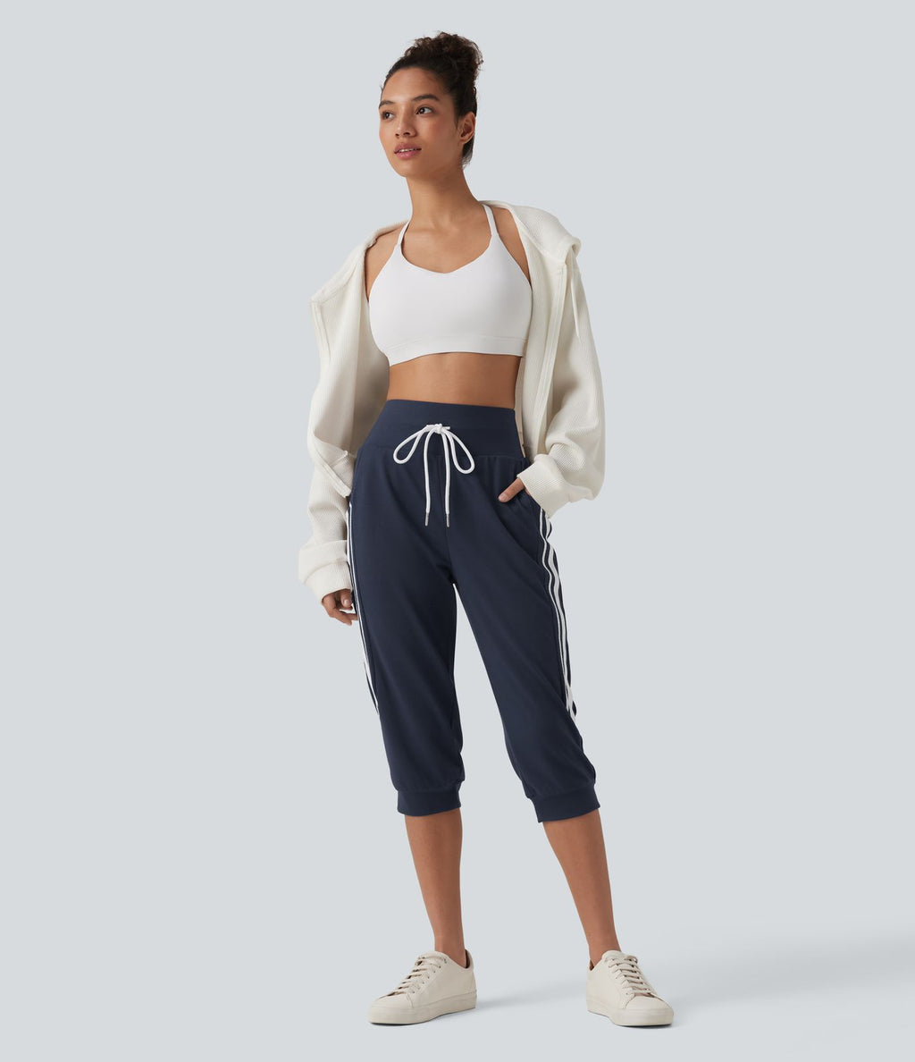 Jogging casual capri à rayures taille haute avec cordon de serrage et poches