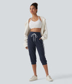 Jogging casual capri à rayures taille haute avec cordon de serrage et poches