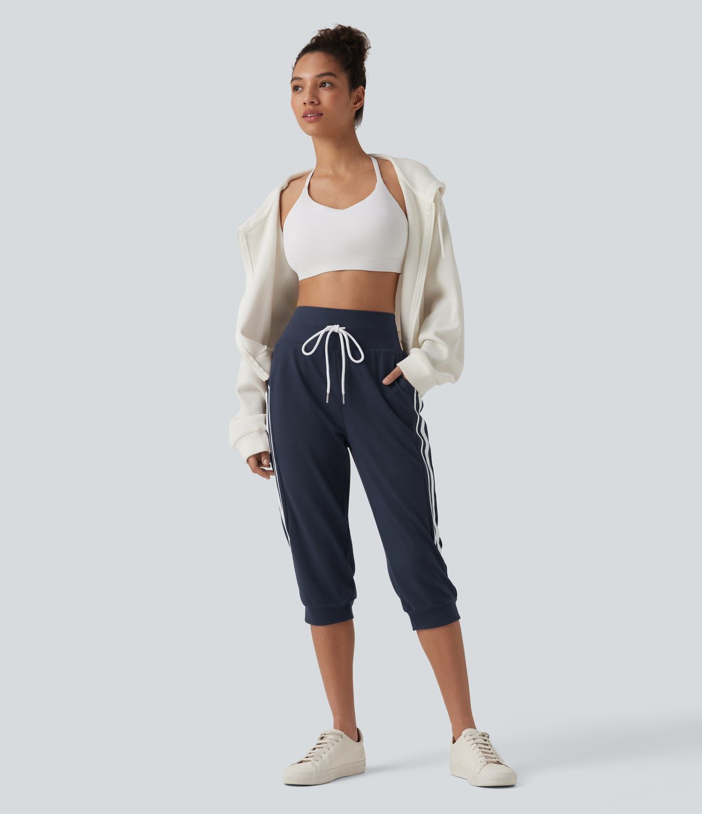 Jogging casual capri à rayures taille haute avec cordon de serrage et poches