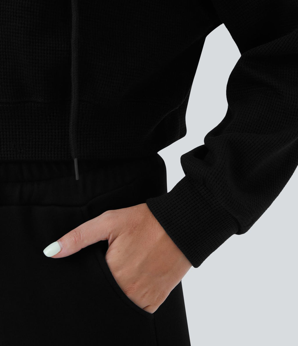 Sweatshirt en Coton Casual à Manches Longues avec Cordon de Serrage et Zipper Style Waffle