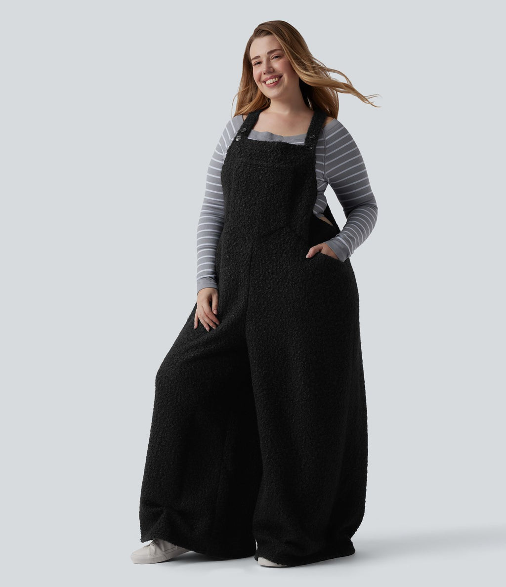 Salopette décontractée grande taille en teddy avec bretelles ajustables et poches