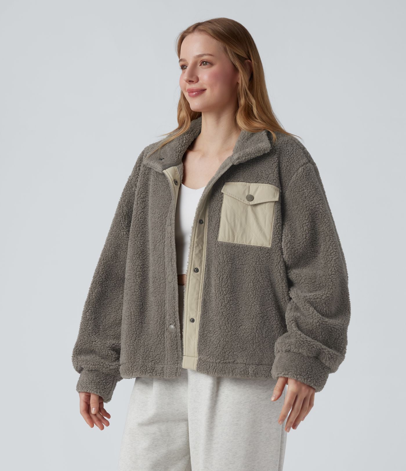 Veste sherpa de randonnée col montant manches longues avec poches