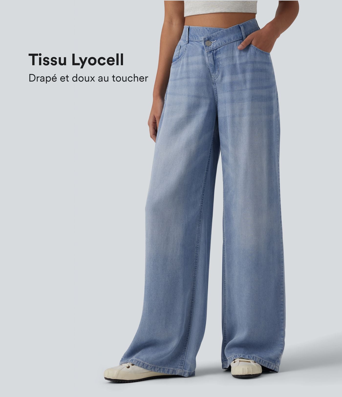 Jean large décontracté asymétrique en lyocell taille mi-haute drapé avec poches