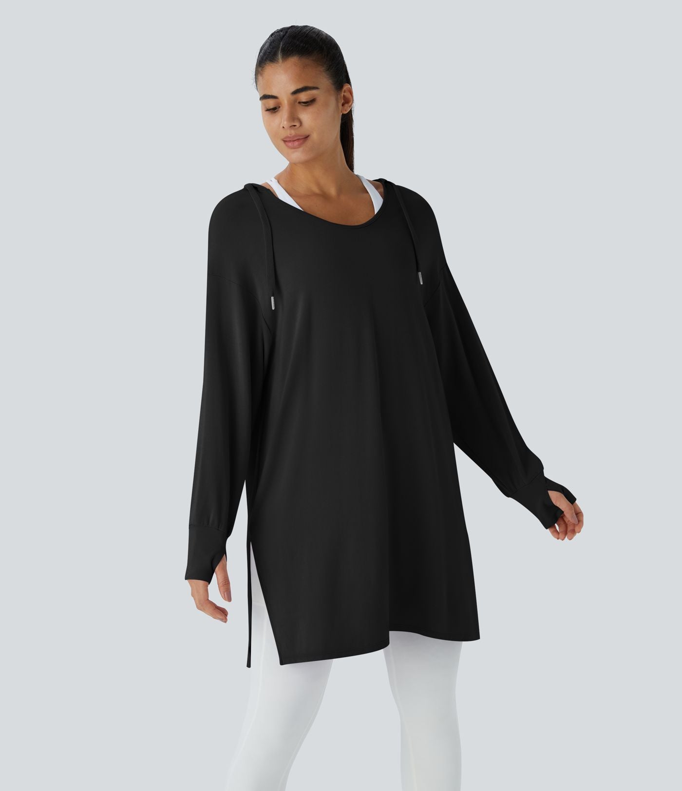 Sweatshirt Casual à Capuche Encolure en V Cordon de Serrage Trou pour le Pouce Fente et Coupe Longue