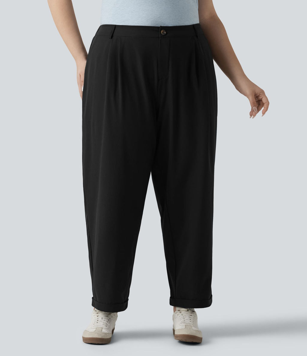 Pantalon grande taille en popeline stretch taille haute, plissé avec ourlet roulotté, longueur 7/8, coupe fuselée, avec poches