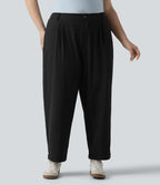 Pantalon grande taille en popeline stretch taille haute, plissé avec ourlet roulotté, longueur 7/8, coupe fuselée, avec poches