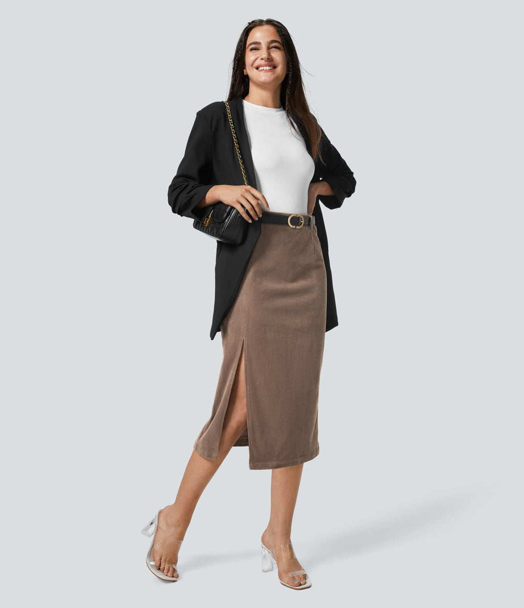 Jupe Casual en Velours Côtelé Mi-longue Taille Haute Fermeture Éclair Invisible et Fente fendue