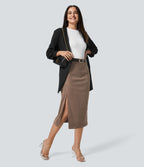 Jupe Casual en Velours Côtelé Mi-longue Taille Haute Fermeture Éclair Invisible et Fente fendue