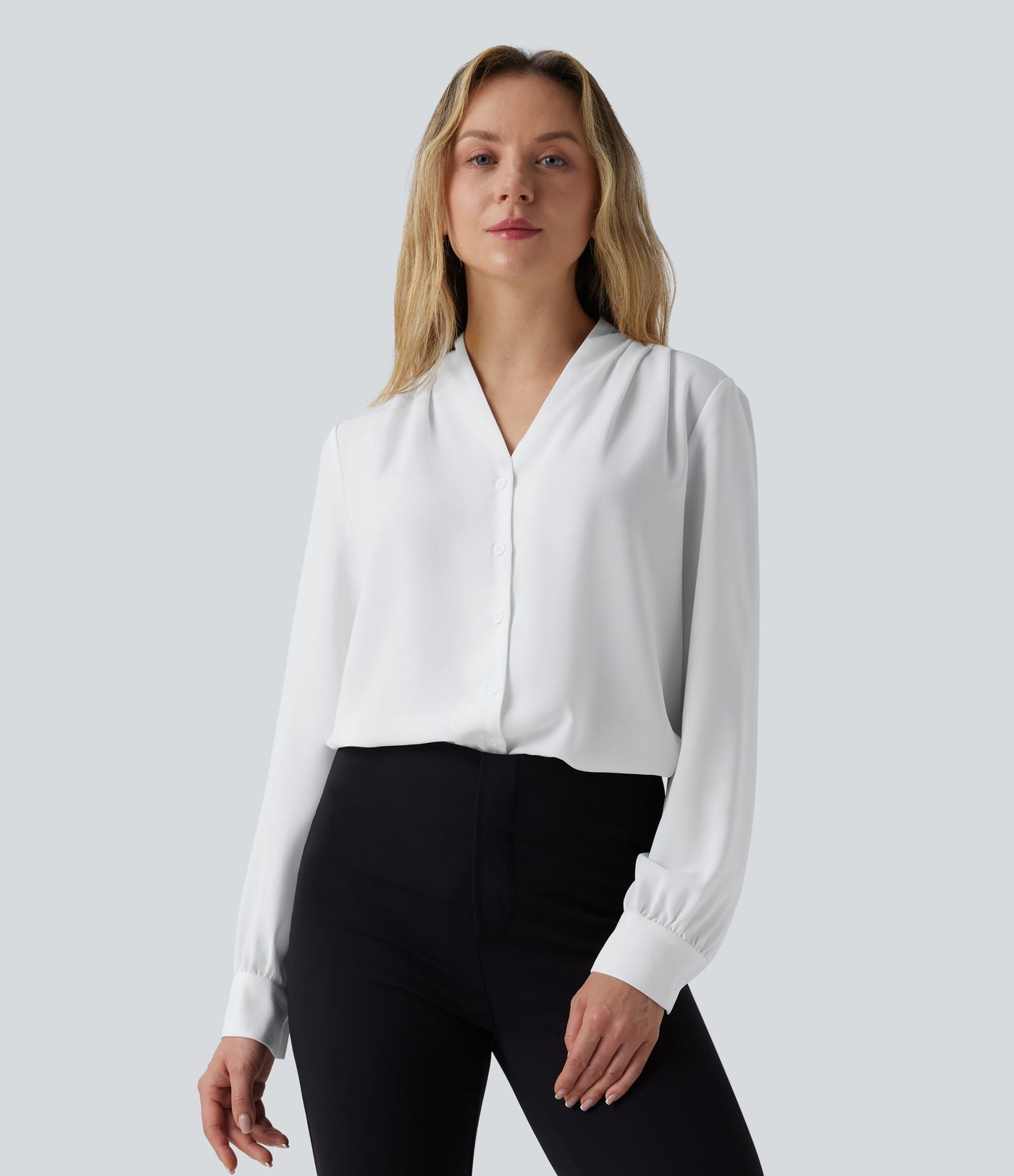 Chemise de travail décontractée col V manches longues avec boutonnage