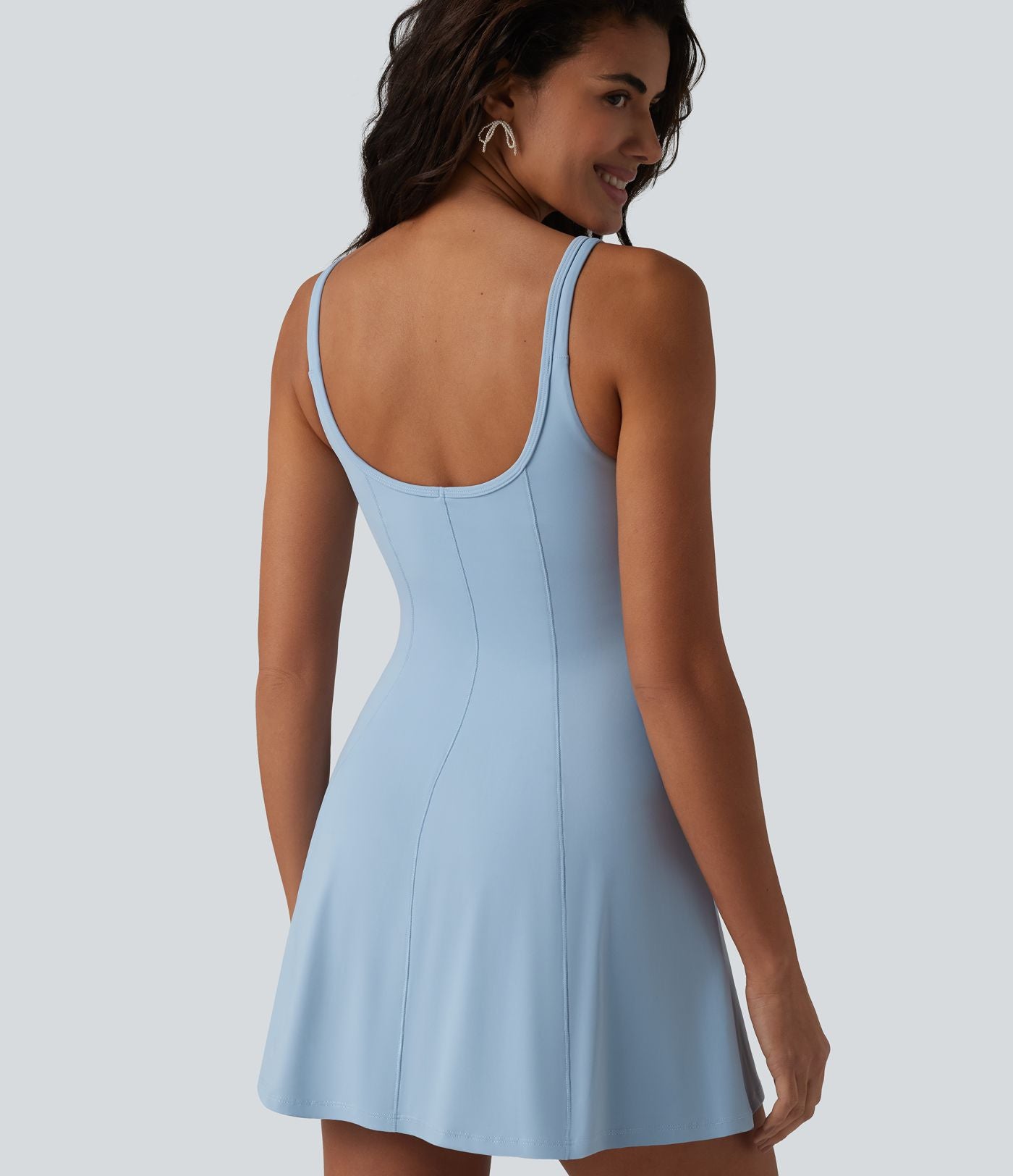 Robe mini casual sans manches à col U, volants, fronces et soutien-gorge intégré avec poches