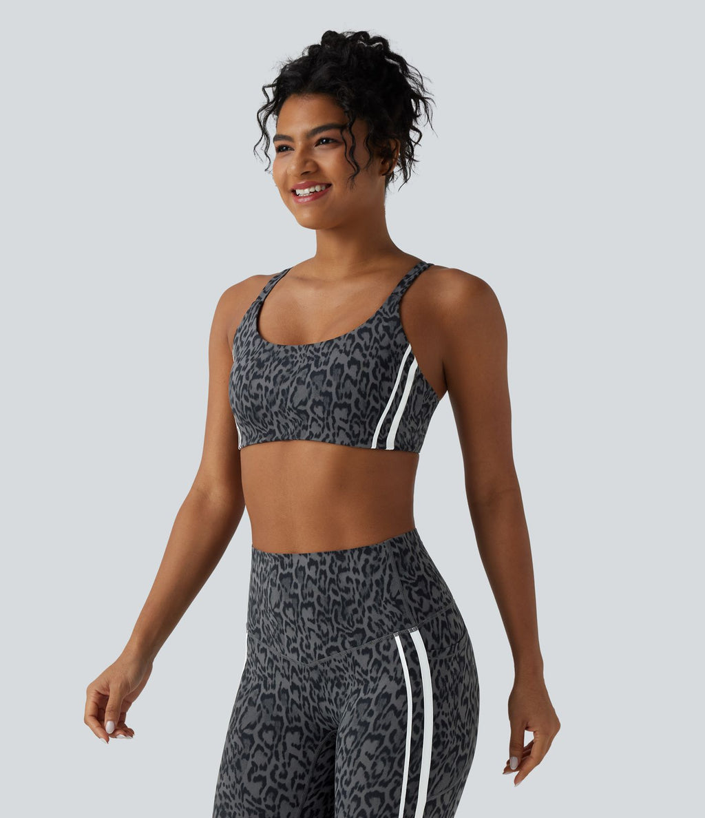 Brassière de sport d'entraînement à maintien moyen imprimé léopard et rayures color block Halara UltraSculpt™
