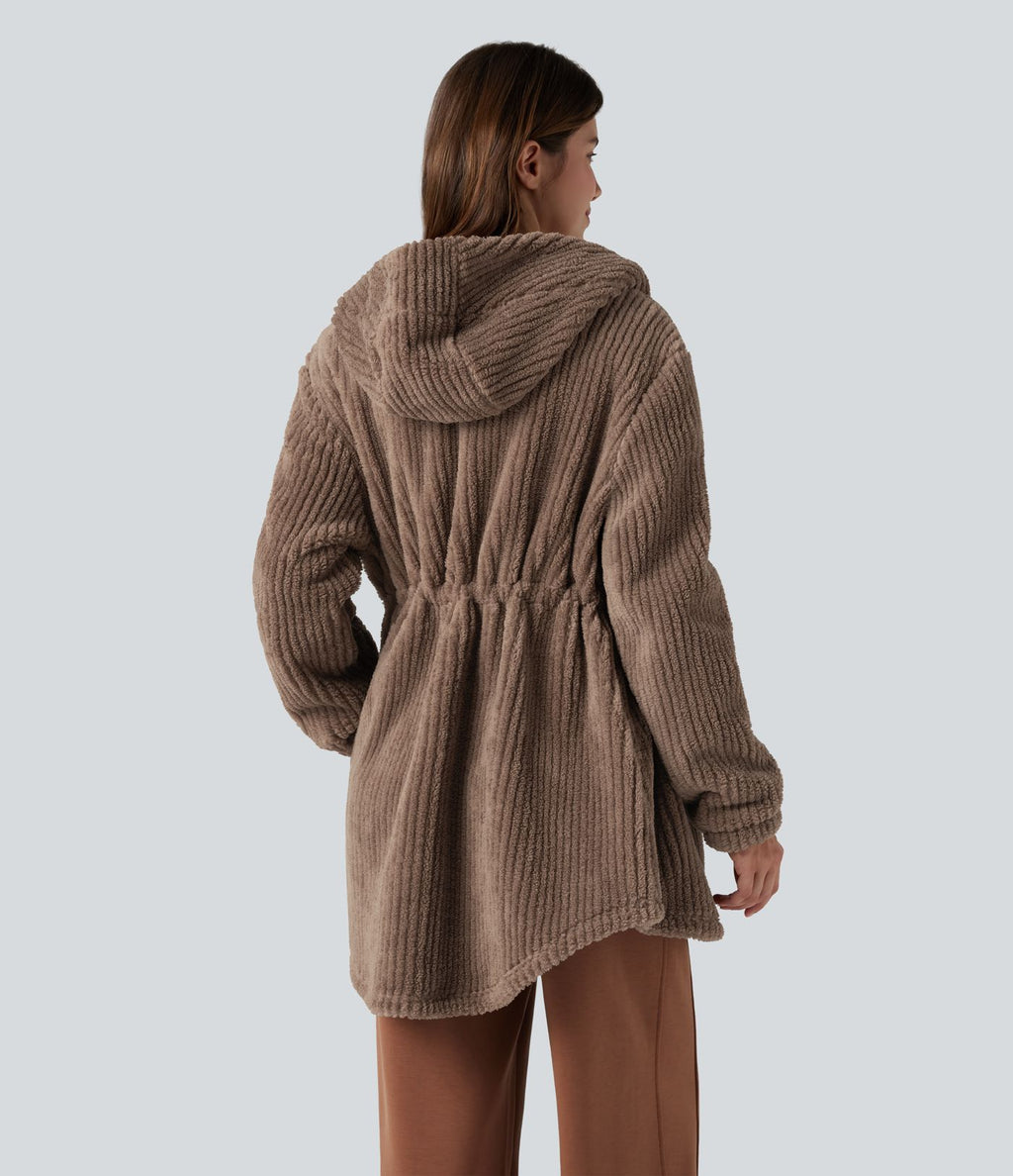 Veste sherpa décontractée à capuche cordon de serrage ourlet arrondi avec poches