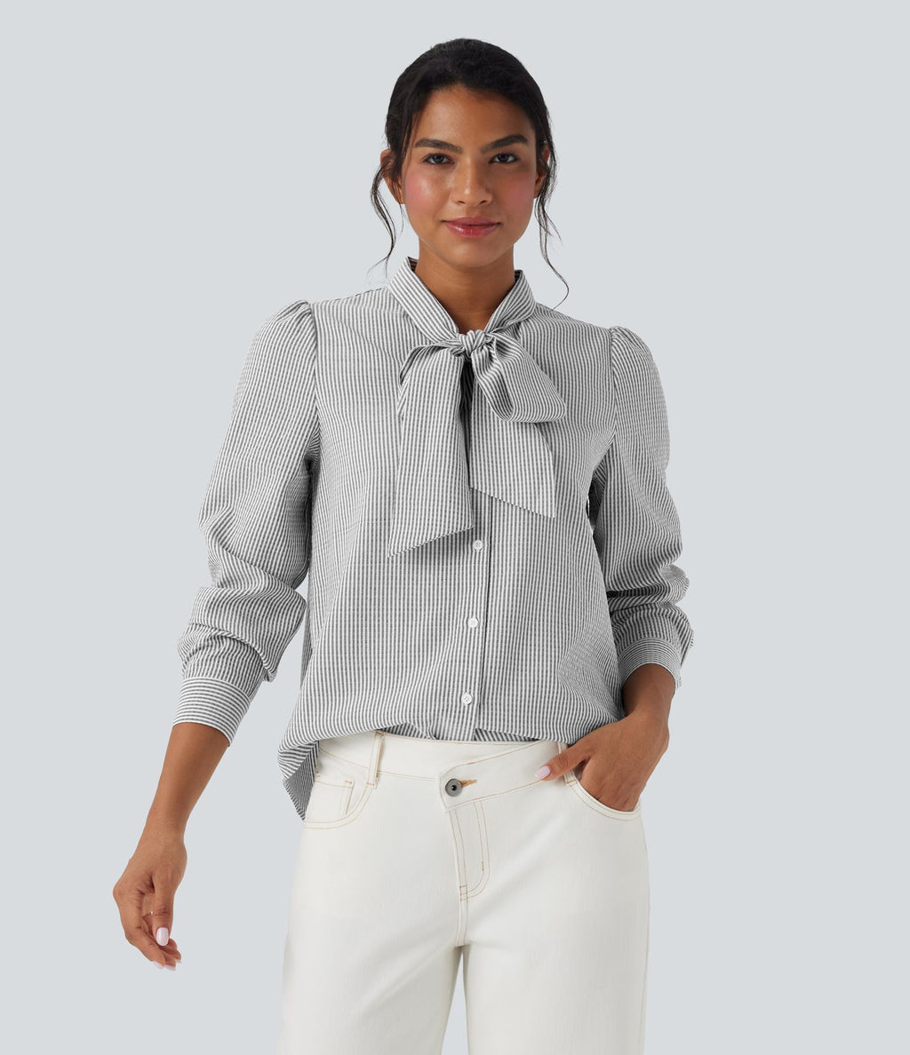 Chemise décontractée rayée à manches longues avec nœud devant