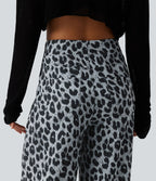 Pantalon large décontracté taille haute gaufré imprimé léopard avec poches