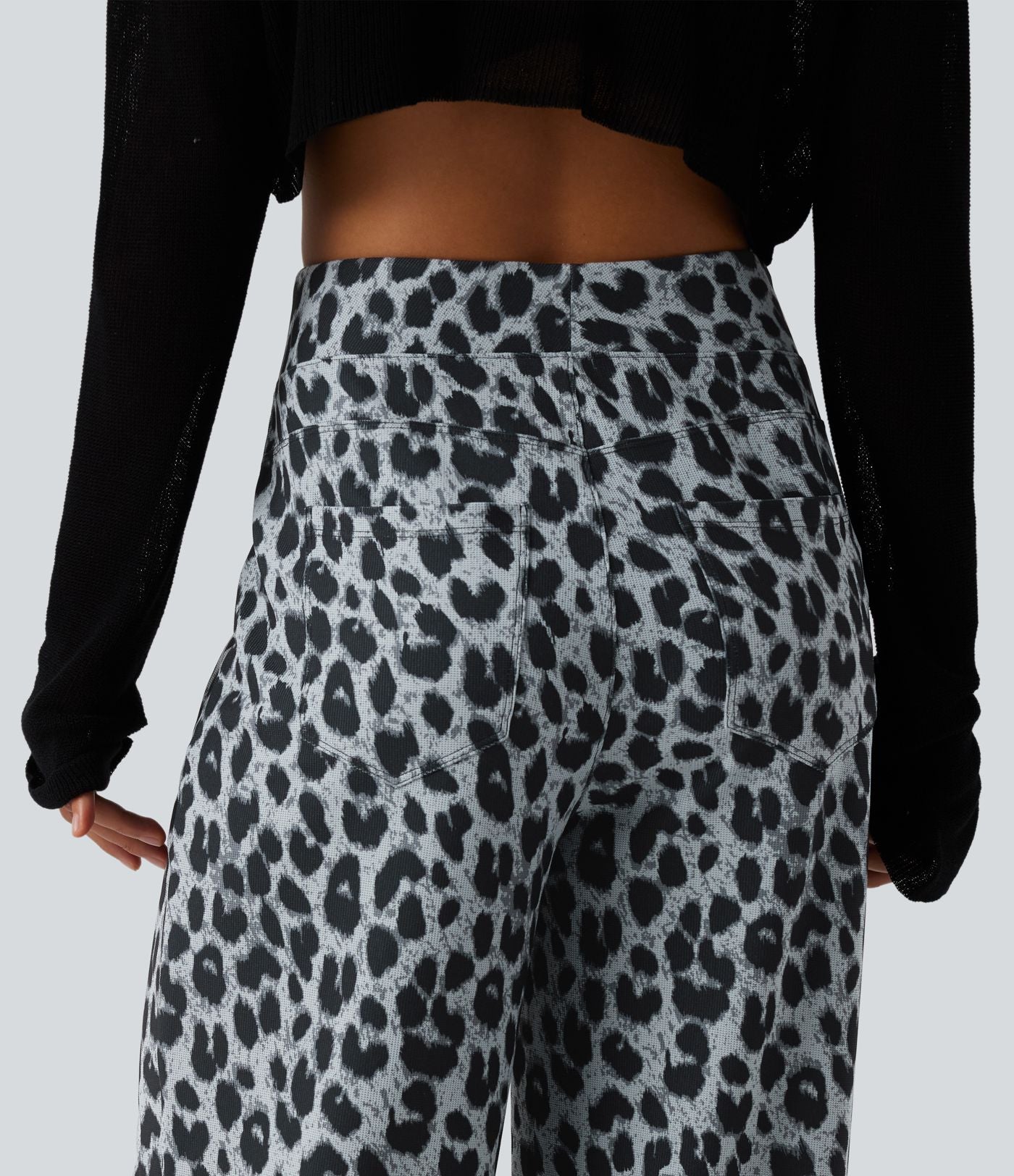 Pantalon large décontracté taille haute gaufré imprimé léopard avec poches