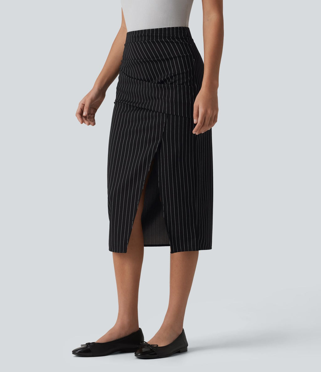 Jupe midi moulante tailleur taille haute croisée à rayures et ourlet fendu