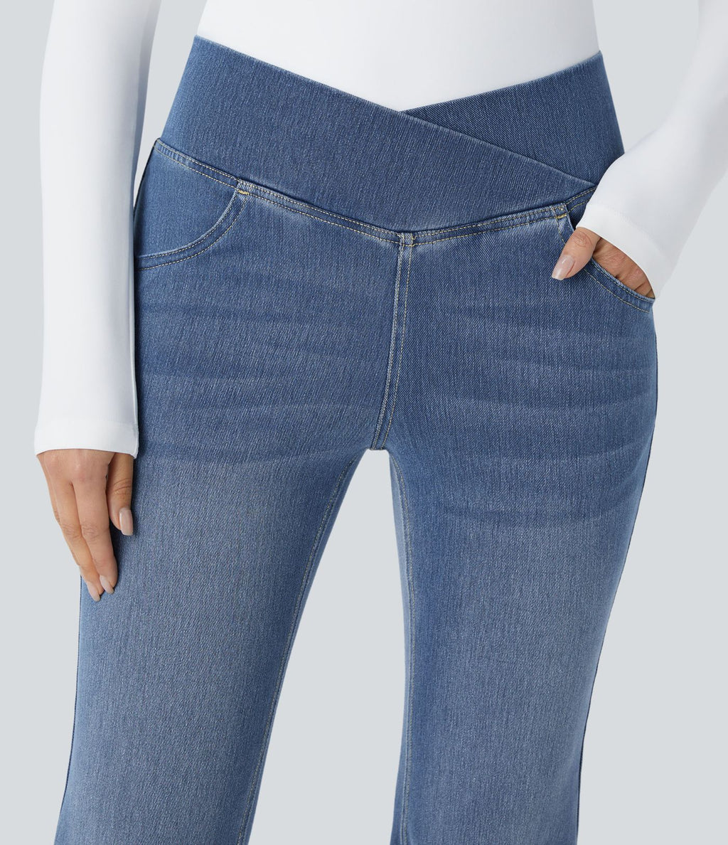 Halara Flex™ Jean Évasé à Taille Haute avec Poche Crossover Tissu Élastique Lavé